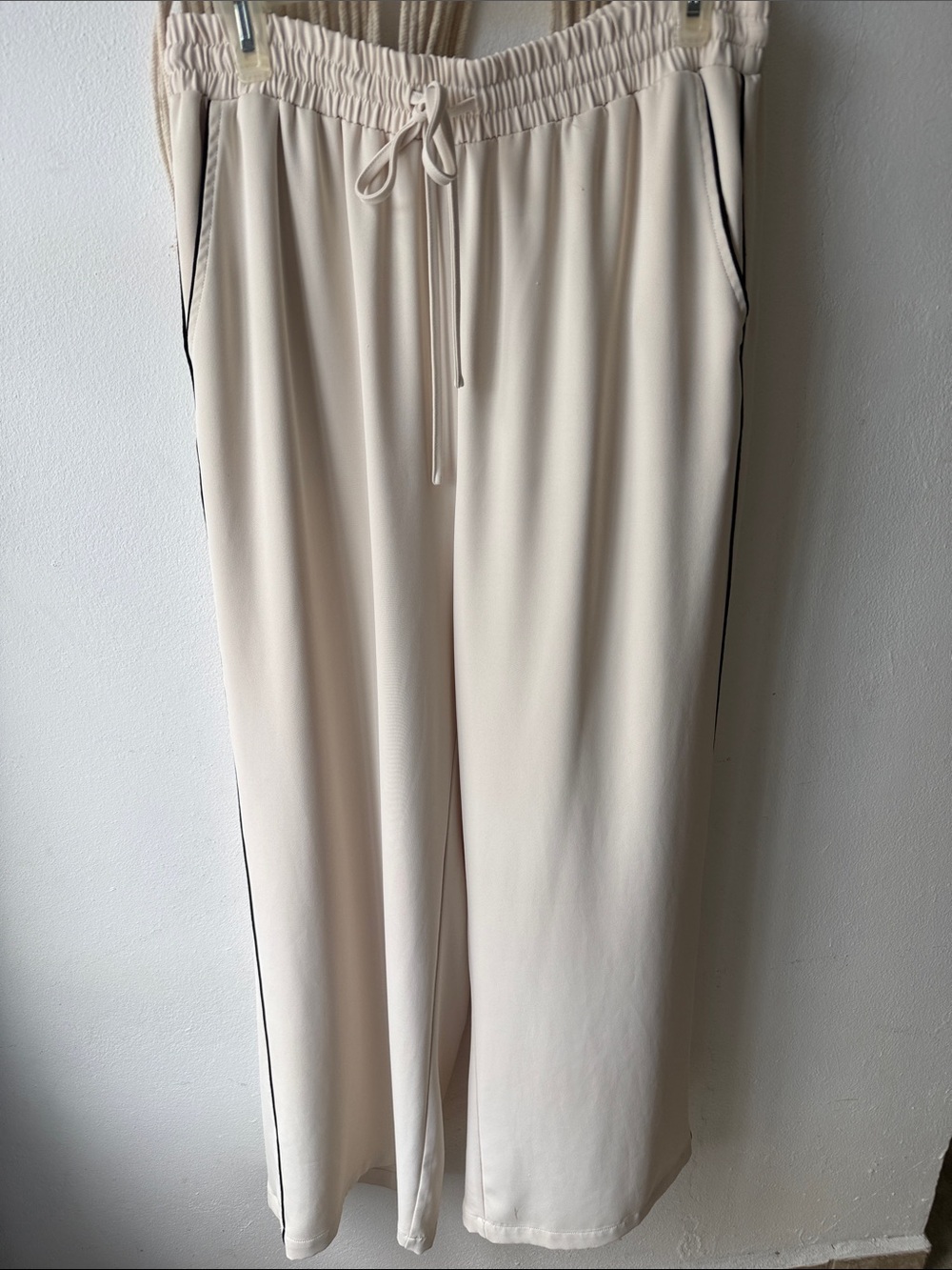 Woman Cream Drawstring Track Pants with black Side Stripe